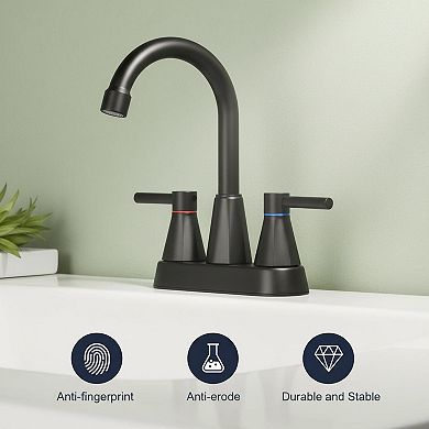 Matte Black 3 Hole 2 Handle Bathroom Faucet With Pop Up Drain 360 Swivel Spout