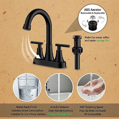 4 Inch Centerset Bathroom Faucet Two Handles Pop Up Drain CUPC Certified 360 Spout