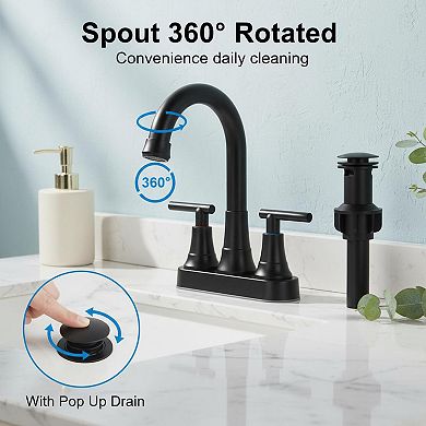 4 Inch Centerset Bathroom Faucet Two Handles Pop Up Drain CUPC Certified 360 Spout