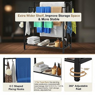 3 Tier Freestanding Towel Rack with 6 Hooks Large Storage for Oversized Towels Indoor Outdoor