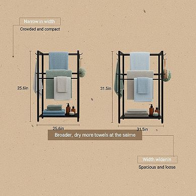 3 Tier Freestanding Towel Rack with 6 Hooks Large Storage for Oversized Towels Indoor Outdoor