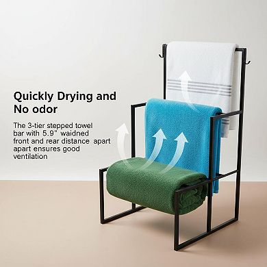 3 Tier Freestanding Towel Rack with 6 Hooks Large Storage for Oversized Towels Indoor Outdoor