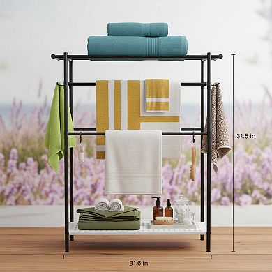 3 Tier Freestanding Towel Rack with 6 Hooks Large Storage for Oversized Towels Indoor Outdoor
