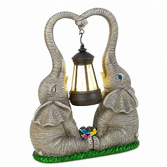 Solar Powered Intertwined Elephants Statue Garden Decor Outdoor Good Luck Gifts