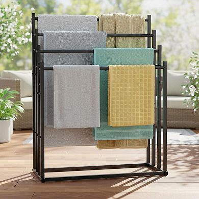 4 Tier Free Standing Towel Rack Extra Widen Metal Drying Stand for Bathroom Poolside