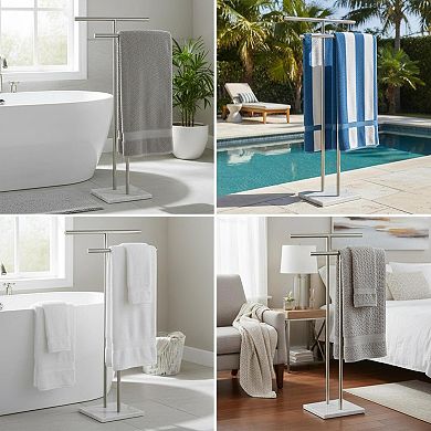 40 Inch Double T Standing Towel Rack Marble Base Stainless Steel Brushed Nickel 2 Tier Bath Sheet