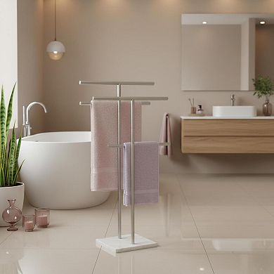 40 Inch Double T Standing Towel Rack Marble Base Stainless Steel Brushed Nickel 2 Tier Bath Sheet