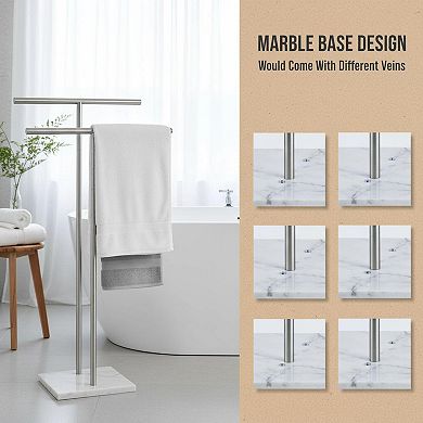 40 Inch Double T Standing Towel Rack Marble Base Stainless Steel Brushed Nickel 2 Tier Bath Sheet