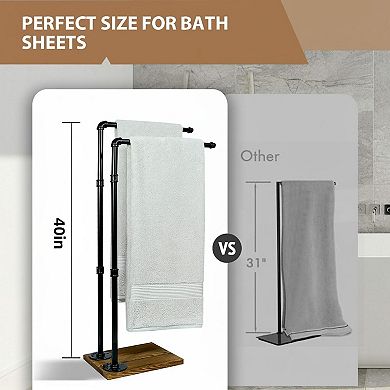 40 Inch 2-Tier Free Standing Towel Rack Black Wooden Base Bathroom