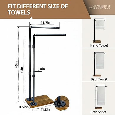 40 Inch 2-Tier Free Standing Towel Rack Black Wooden Base Bathroom