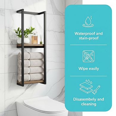 2 Tier Wall Mounted Towel Rack Solid Wood Space Saving Bathroom Organizer