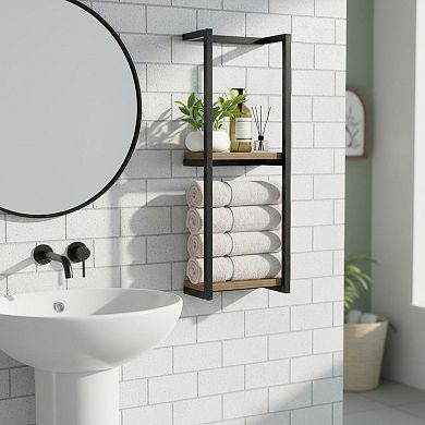 2 Tier Wall Mounted Towel Rack Solid Wood Space Saving Bathroom Organizer