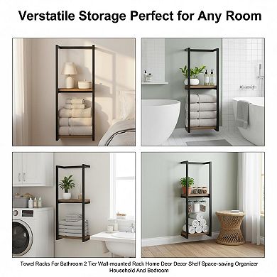 2 Tier Wall Mounted Towel Rack Solid Wood Space Saving Bathroom Organizer