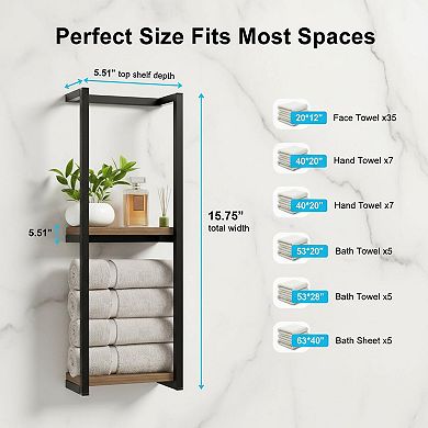 2 Tier Wall Mounted Towel Rack Solid Wood Space Saving Bathroom Organizer