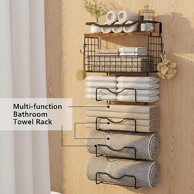 Wall Mounted 6 Tier Towel Rack With Floating Shelves Metal Wood Bathroom Storage