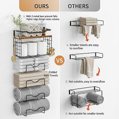 Wall Mounted 6 Tier Towel Rack With Floating Shelves Metal Wood Bathroom Storage