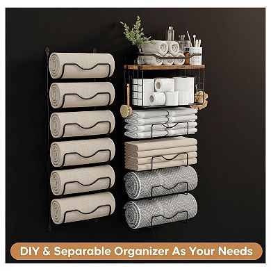 Wall Mounted 6 Tier Towel Rack With Floating Shelves Metal Wood Bathroom Storage