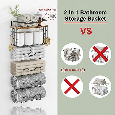 Wall Mounted 6 Tier Towel Rack With Floating Shelves Metal Wood Bathroom Storage