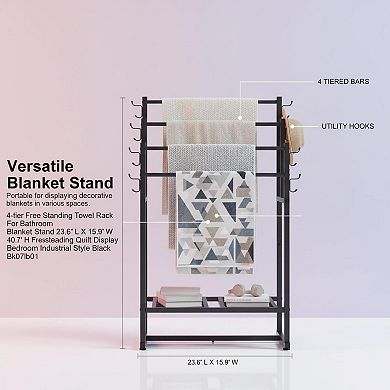 4-tier Freestanding Towel Rack Blanket Stand with Shelf Hooks Sturdy Adjustable Feet Multi-Scene
