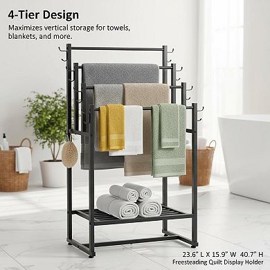 4-tier Freestanding Towel Rack Blanket Stand with Shelf Hooks Sturdy Adjustable Feet Multi-Scene