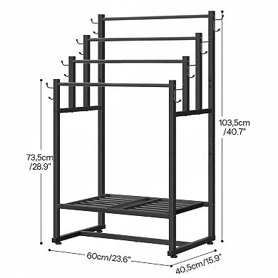 4-tier Freestanding Towel Rack Blanket Stand with Shelf Hooks Sturdy Adjustable Feet Multi-Scene