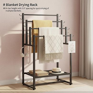 4-tier Freestanding Towel Rack Blanket Stand with Shelf Hooks Sturdy Adjustable Feet Multi-Scene