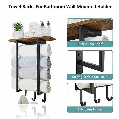Wall Mounted Towel Rack with Wooden Shelf 3 Hooks Bathroom Storage Organizer
