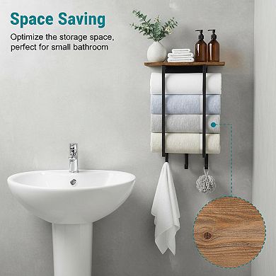Wall Mounted Towel Rack with Wooden Shelf 3 Hooks Bathroom Storage Organizer