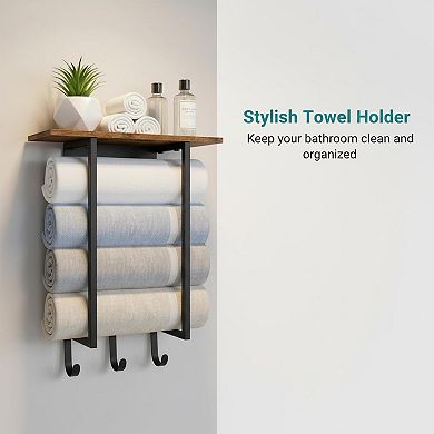 Wall Mounted Towel Rack with Wooden Shelf 3 Hooks Bathroom Storage Organizer