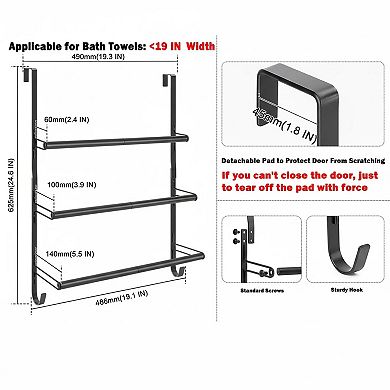 3-Tier Over The Door Towel Rack Metal With Hooks Space Saving Quick Drying