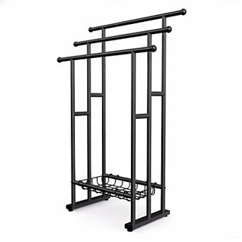3 tier Freestanding Towel Rack 40 in Tall Metal Matte Black with Shelf Hooks for Bathroom Pool