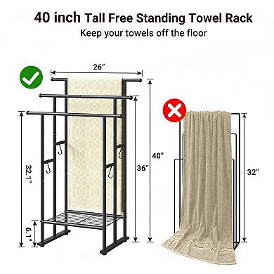 3 Tier Freestanding Towel Rack 40in Tall Metal Matte Black with Shelf Hooks for Bathroom Pool