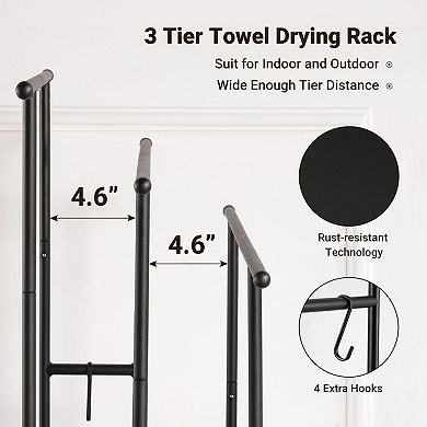 3 Tier Freestanding Towel Rack 40in Tall Metal Matte Black with Shelf Hooks for Bathroom Pool