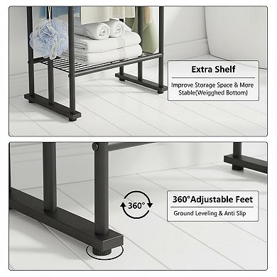 3 Tier Freestanding Towel Rack 40in Tall Metal Matte Black with Shelf Hooks for Bathroom Pool