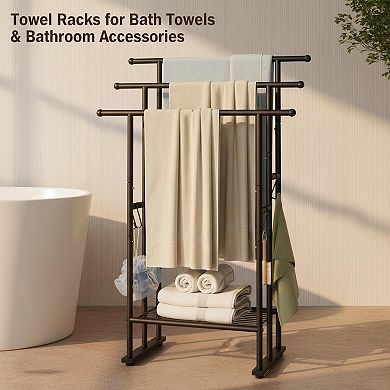 3 Tier Freestanding Towel Rack 40in Tall Metal Matte Black with Shelf Hooks for Bathroom Pool
