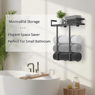 Wall Mounted Towel Rack Metal with Wooden Shelf Multifunctional Storage Decorative for Bathroom RV