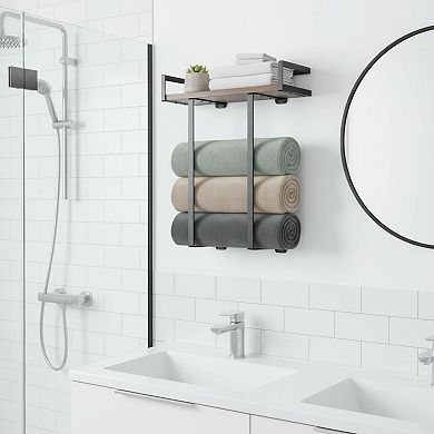 Wall Mounted Towel Rack Metal with Wooden Shelf Multifunctional Storage Decorative for Bathroom RV