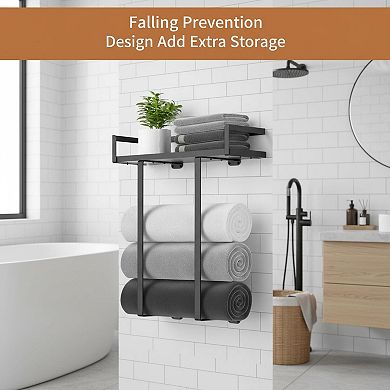 Wall Mounted Towel Rack Metal with Wooden Shelf Multifunctional Storage Decorative for Bathroom RV