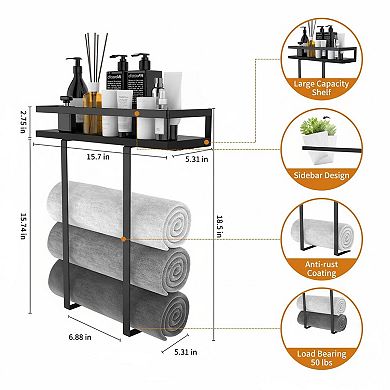 Wall Mounted Towel Rack Metal with Wooden Shelf Multifunctional Storage Decorative for Bathroom RV
