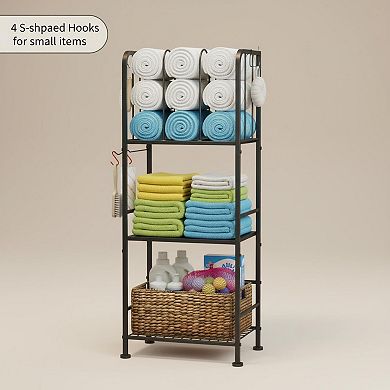 3 Tier Free Standing Towel Rack with M Shaped Dividers 4 Hooks Rustic Metal Wood Bathroom Organizer