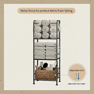 3 Tier Free Standing Towel Rack with M Shaped Dividers 4 Hooks Rustic Metal Wood Bathroom Organizer