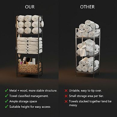 3 Tier Free Standing Towel Rack with M Shaped Dividers 4 Hooks Rustic Metal Wood Bathroom Organizer