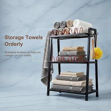3 Tier Free Standing Towel Rack with M Shaped Dividers 4 Hooks Rustic Metal Wood Bathroom Organizer