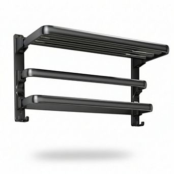 24-inch Matte Black Towel Rack Bathroom Shelf Foldable 2 Bars 7 Hooks Storage Organizer Wall Mounted