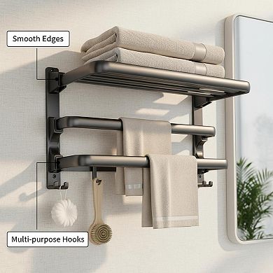 24-inch Matte Black Towel Rack Bathroom Shelf Foldable 2 Bars 7 Hooks Storage Organizer Wall Mounted