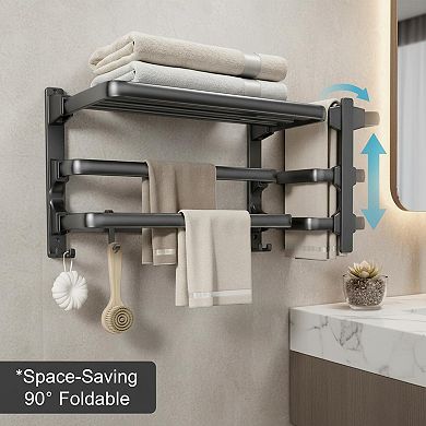 24-inch Matte Black Towel Rack Bathroom Shelf Foldable 2 Bars 7 Hooks Storage Organizer Wall Mounted