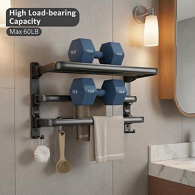 24-inch Matte Black Towel Rack Bathroom Shelf Foldable 2 Bars 7 Hooks Storage Organizer Wall Mounted