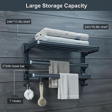 24-inch Matte Black Towel Rack Bathroom Shelf Foldable 2 Bars 7 Hooks Storage Organizer Wall Mounted