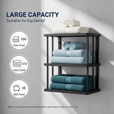 Wall Mounted Towel Rack 31 Inch 2 Metal Shelves 3 Vertical Bars Large Capacity Bathroom Storage