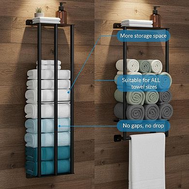 Wall Mounted Towel Rack 31 Inch 2 Metal Shelves 3 Vertical Bars Large Capacity Bathroom Storage
